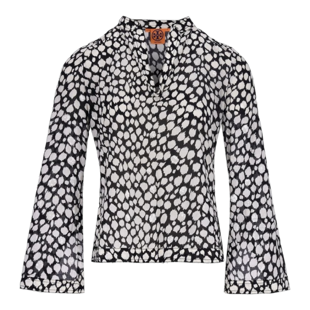 Tory Burch Stephanie Blouse Tunic 6 Black & Cream Long Sleeve Rounded V Neckline